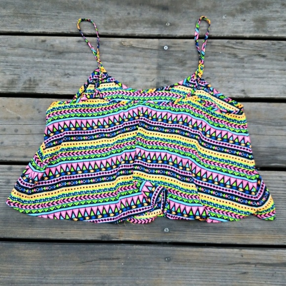 NWOT Florescent Geometric Boho Colorful Crop Top - Picture 3 of 4